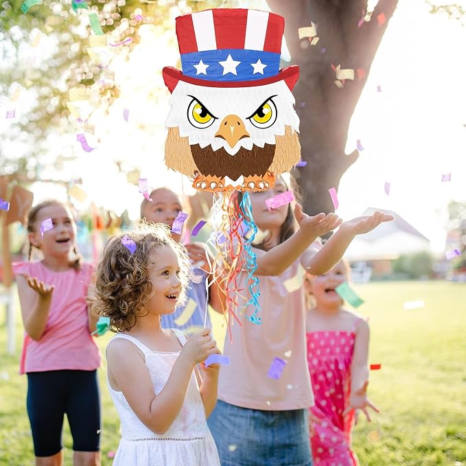 WERNNSAI 4th of July Piñata - Independence Day Piñata with Blindfold and Bat Fourth of July Theme Birthday Party Decorations American Flag Eagle for Kids Boys Bird Birthday Party Supplies