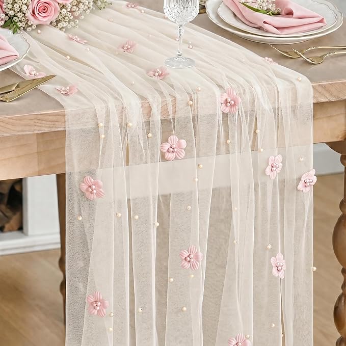 Artoid Mode Pink Flower Pearl White Gauze Table Runner 10FT, Seasonal Sheer Dining Holiday Wedding Birthday Baby Shower Table Decor for Home Party