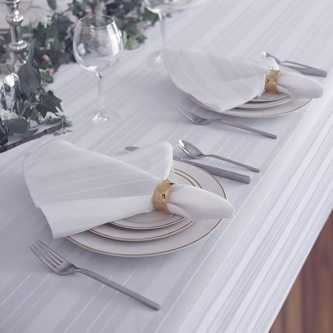 Newbridge 60 x 144 Inch Rectangle White Fabric Tablecloth, Denley Satin Stripe, Heavy Weight No Iron Polyester Holiday Dining & Party Table Cover
