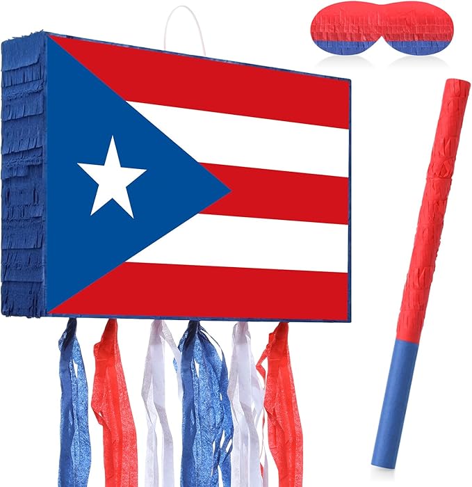 VioraWhite Puerto Rico Party Decorations Flag Piñata Red White Blue Small Piñata Set with Bat and Blindfold for Puerto Rican Birthday Party Games National Day Patriotic Festival Decor Supplies