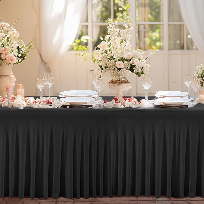 2 Packs Black Table Clothes for 8 Foot Rectangle Tables, Wrinkle Resistant Stretch Spandex Table Covers Fitted Tablecloth with Skirt for Event Banquet Wedding Birthday Party