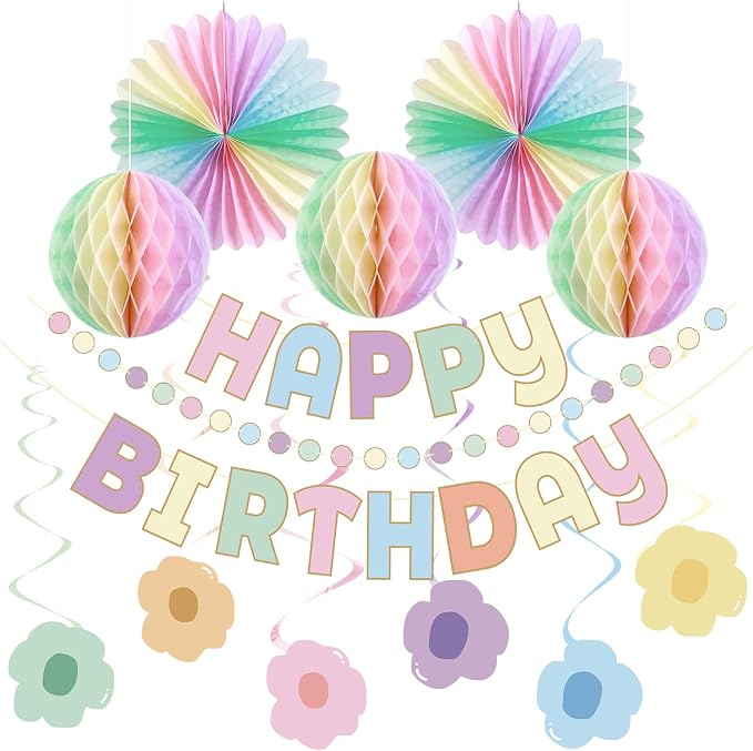 Pastel Birthday Decorations，Macaron Happy Birthday Banner， Pastel Honeycomb Balls, Flower Swirls, Garland, Hanging Paper Fans Decoration for Easter Party