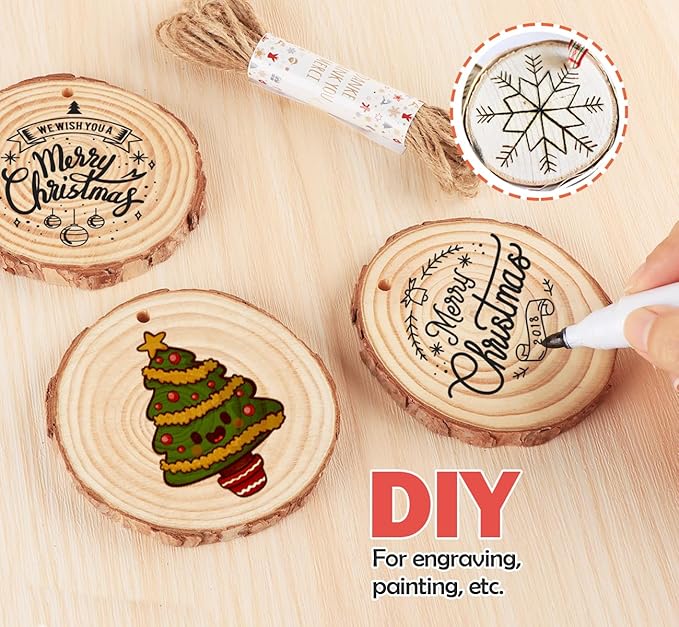 ilauke Wood Slices, 30 Pcs 2.4"-2.8" Natural Wood Rounds with Predrilled Hole, Wooden Circles with Bark, Unfinished Wood Kit for Paint DIY Ornaments Christmas Crafts Arts Wedding Decorations