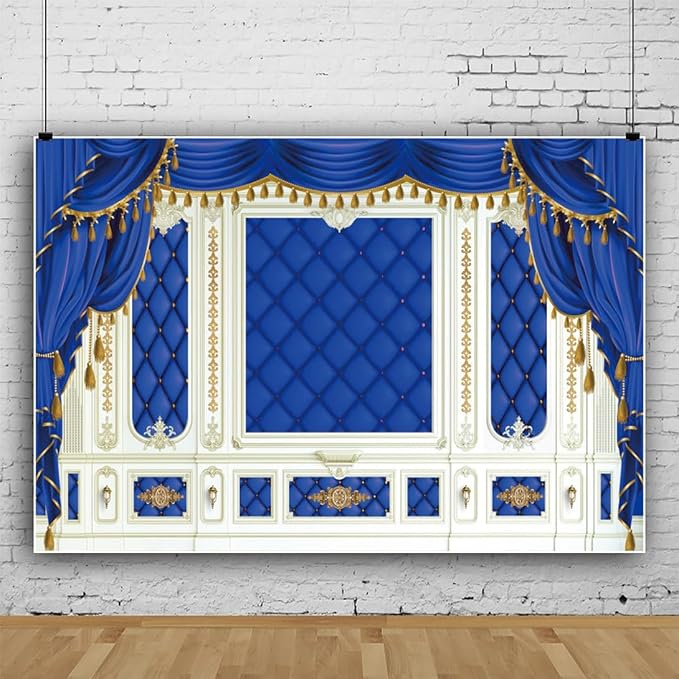 12x8ft Royal Blue Prince Birthday Backdrop Blue and Gold Curtains Photography Background for Newborn Baby Shower Boys Birthday Party Decoration Supplies Cake Table Banner Photo Booth Props