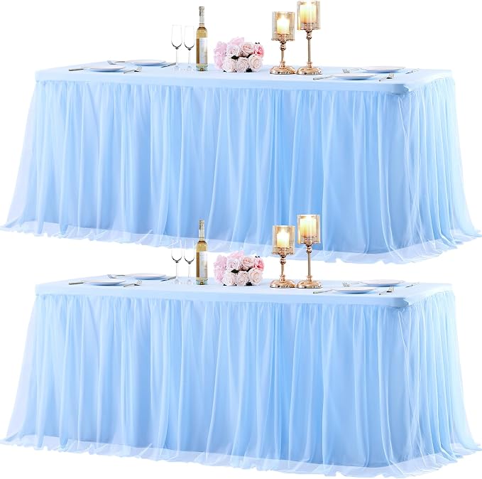 2 Pack Baby Blue Table Cloth for 8 Foot Rectangle Tables, Stretch Fitted Tulle Table Covers Skirt, Rectangular Ruffle Tutu Tablecloth Wedding Baby Shower Baby Shower Cake Tablecloths