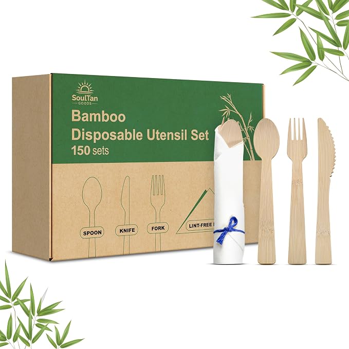 Prerolled Disposable Bamboo Cutlery Set – 150 Pack Pre Wrapped Silverware and Napkin Bundle with Forks, Knives, Spoons for Parties, Weddings, Events, and BBQ (Blue String)