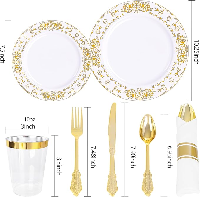 GATHER 350PCS White and Gold Plastic Plates - Gold Disposable Dinnerware Set Include 50 Dinner Plates, 50 Dessert Plates, 150 Gold Plastic Silverware, 50 Napkins, 50 Cups for Wedding & Party