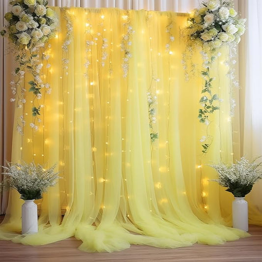10×8ft Yellow Tulle Curtain Backdrop with Lights String for Parites, Sheer Backdrop Curtain Drapes for Wedding Photo Baby Shower Photography Birthday Party