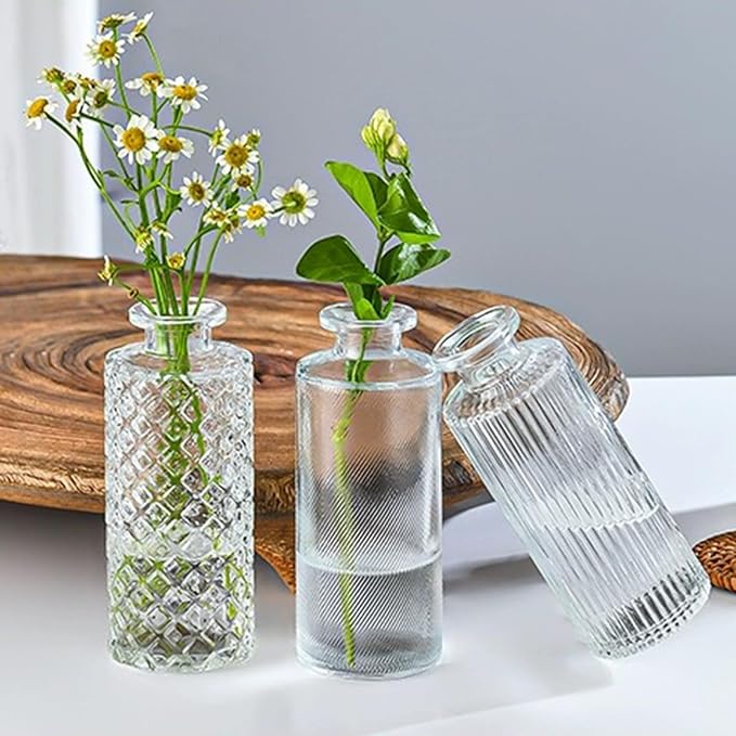 Glass Bud Vase Set in Bulk, 9pcs Mini Vintage Flower Vases for Wedding, Clear Relief Vase for Centerpieces,Home Table Flower Decor, Party Decorations