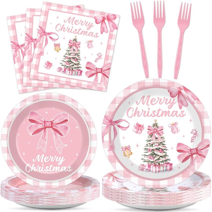 96Pcs Pink Christmas Tree Party Decorations Pink Bow Plates and Napkins Tableware Buffalo Plaid Dinnerware for Merry Xmas Winter Holiday Party Supplies 24 Guests