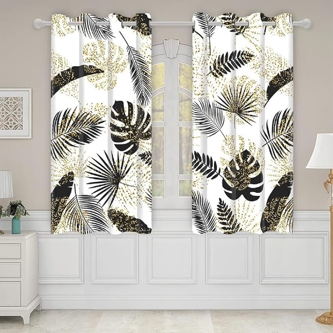 Black and Gold Curtains Tropical Jungle Plants Gold Palm Leaf Blackout Window Curtains for Bedroom Living Room Home Decor Tropical Palm Leaves Botanical Decorative Drapes,53x72 inch,2 Panels
