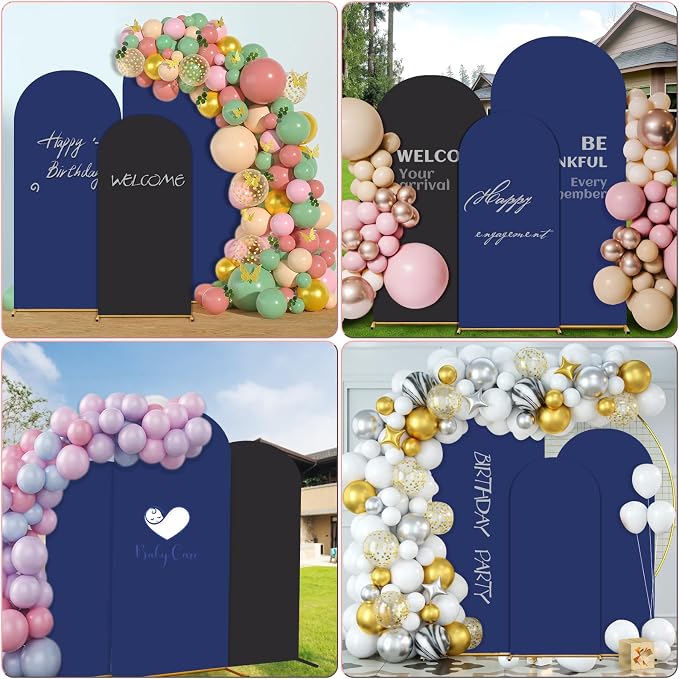 Double Color Set of 3 Arch Backdrop Cover,Spandex Fitted Wedding Arch Cover,Round Top Arch Backdrop Stands Cover for Birthday, Party, Baby Shower Decorations (4ft/5ft/6ft Black+Blue)