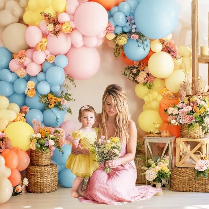 Yellow Blue Pink Balloon Arch Double Stuffed Pastel Pink Blue Yellow Peach Sand White Balloon Garland Kit for Baby Bridal Shower Birthday Wedding Fairy Easter Flower Spring Tea Party Decor