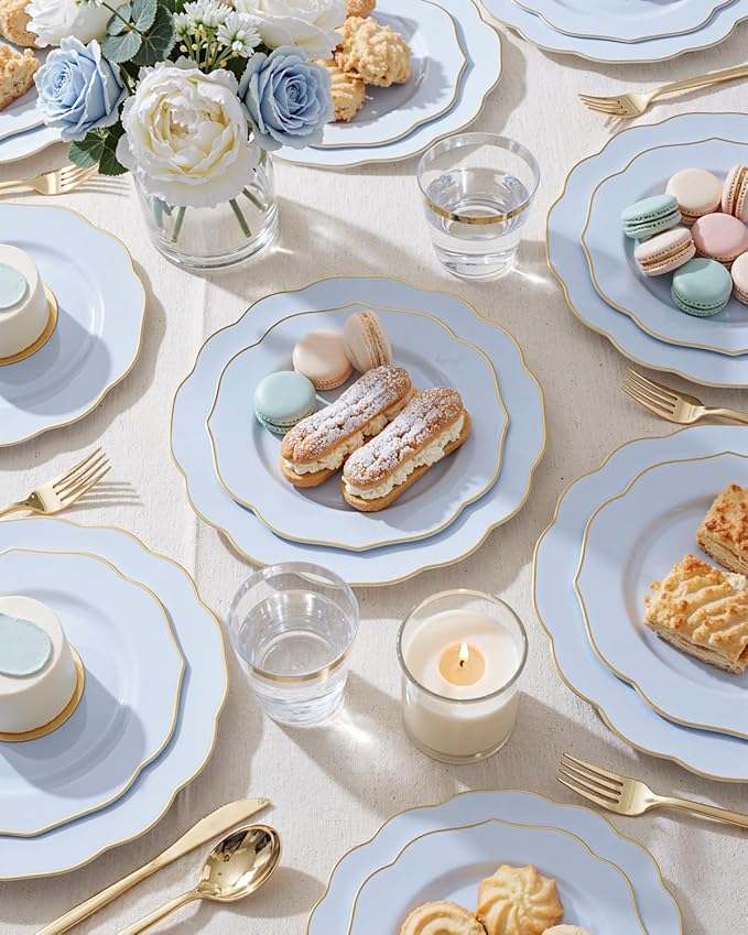 bUCLA 180PCS Blue Plastic Plates - Disposable Light Blue with Gold Rim - Include 30 Each (Dinner & Salad) Plates, 30 Knives, 30 Forks, 30 Spoons, 30 Cups for Party, Party, Birthday & Shower