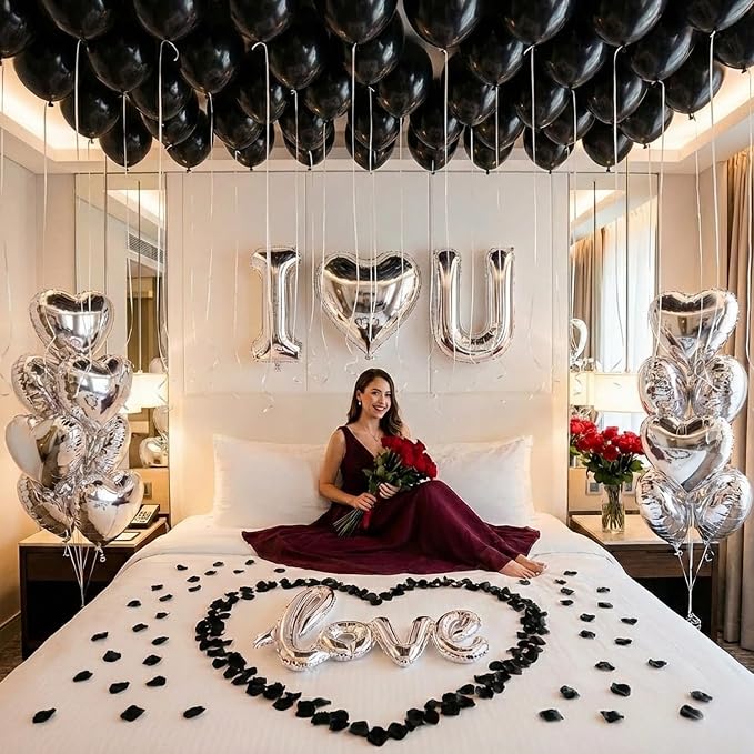 Romantic Special Night Decorations - Black Silver Theme with I LOVE YOU & Silver Hearts Balloons, Black Rose Petals for Anniversary, Valentine Day, Bedroom, Hotel Room, Birthday Surprise