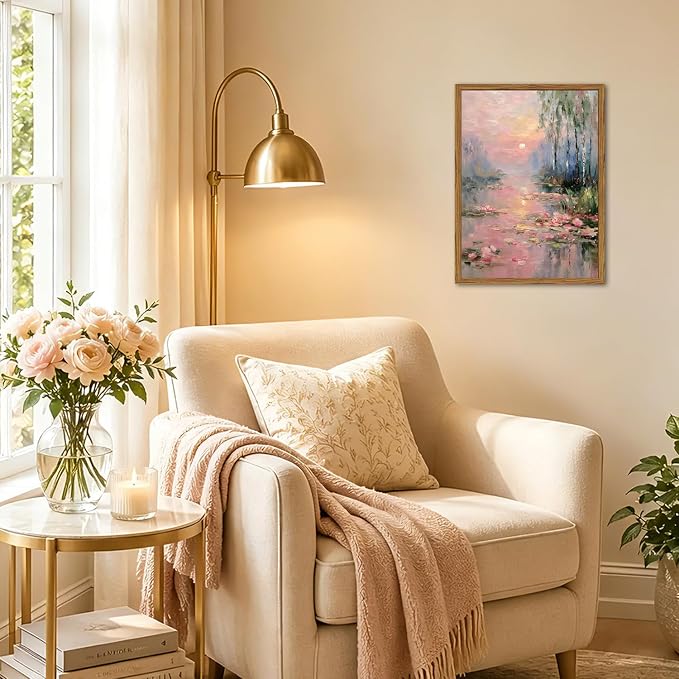 Framed Vintage Monet Canvas Wall Art, Pink Water Lilies Floral Pictures Wall Decor, Impressionist Sunset Landscape Paintings Prints Nature Aesthetic Artwork for Living Room Bedroom 16x24 inch