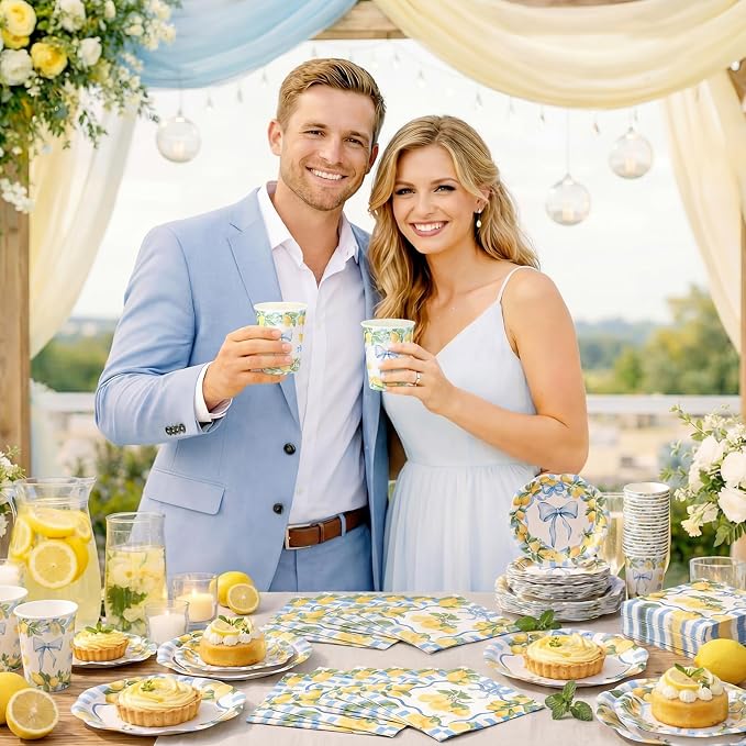 Newtay 250 Pcs Amalfi Lemon Party Plates and Napkins Blue Bow Lemon Theme Disposable Plates Bachelorette Birthday Tableware for 50 Guests for Wedding Bridal Shower Mediterranean Party Supplies