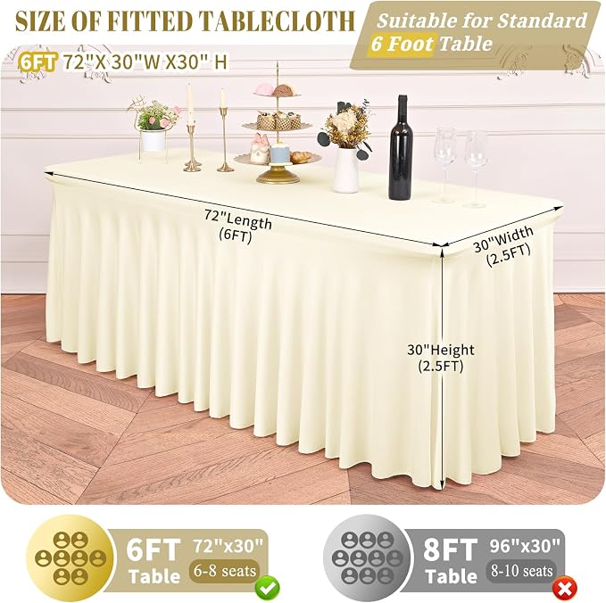 fani 6 Packs Ivory Stretch Table Skirts for 6 Foot Rectangle Table, Washable Spandex Stretch Tablecloths with Skirt, Wrinkle Resistant Fitted Tablecover for Wedding Party Banquet
