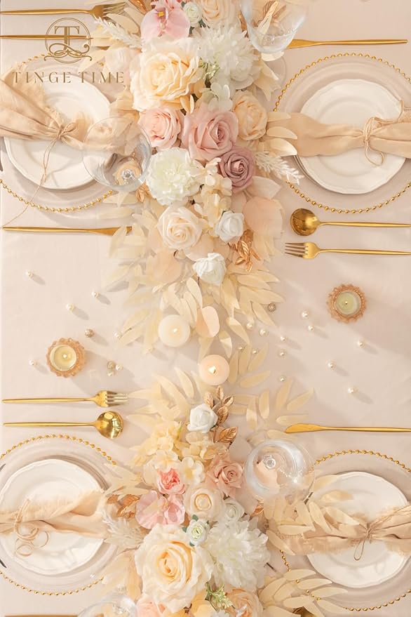 TINGE TIME Champagne Pink Flower Garlands, 2 PCS Artificial Eucalyptus Garlands, Handcraft Artificial Rose Arch Flowers for Wedding Arch Sweetheart Table Ceremony Backdrop Decorations for Home