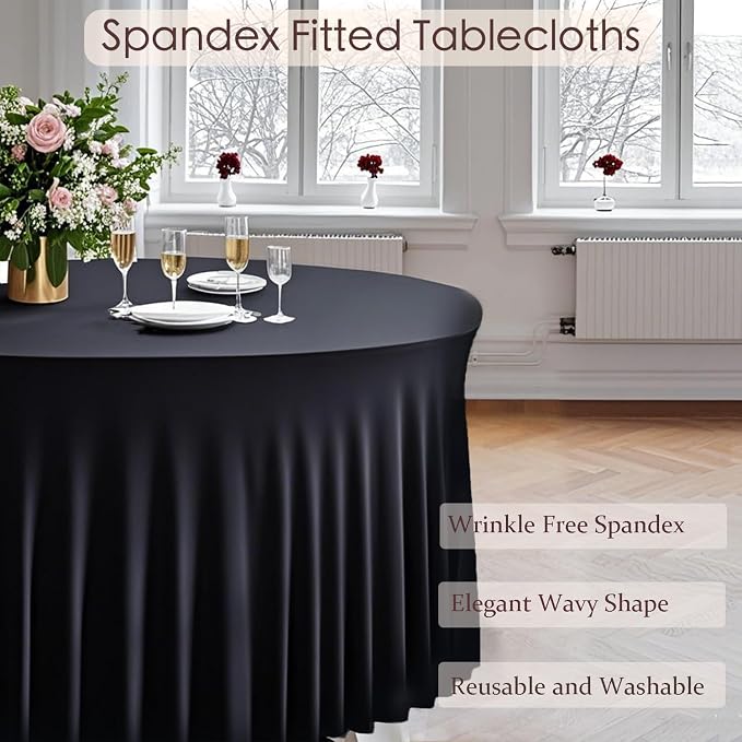 10 Pack Black Round Spandex Tablecloths for 60 inch Table, 120 Inch Spandex Fitted Tablecloths, Wrinkle Free Washable Polyester Tablecloth for Wedding, Party, Birthday, Home Decoration