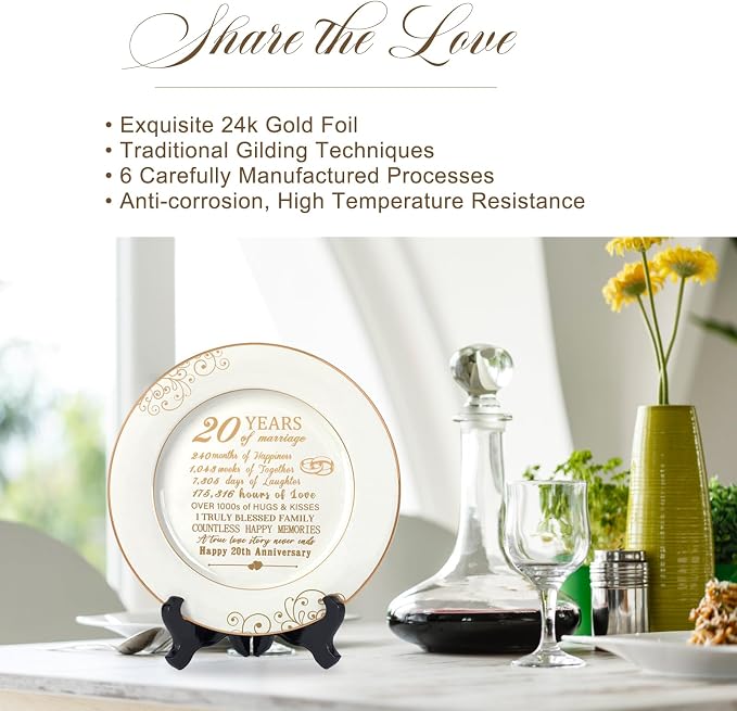 Urllinz 20 Year Anniversary Plate with 24k Gold Foil Decorations - 20th Anniversary Wedding Gifts for Wife Couple Him Her Husband, Ceramic 9"