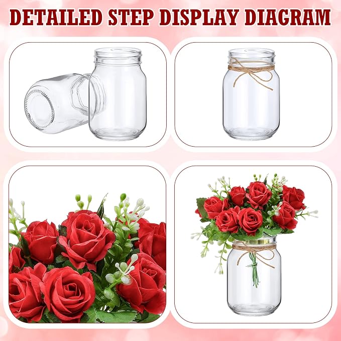 XunYee 10 Set Mason Jar Table Centerpiece with Flower Mason Jar Flower Centerpiece Vases Decor for Engagement Party Bridal Shower Wedding Reception Table Decor(Red,Red Rose)