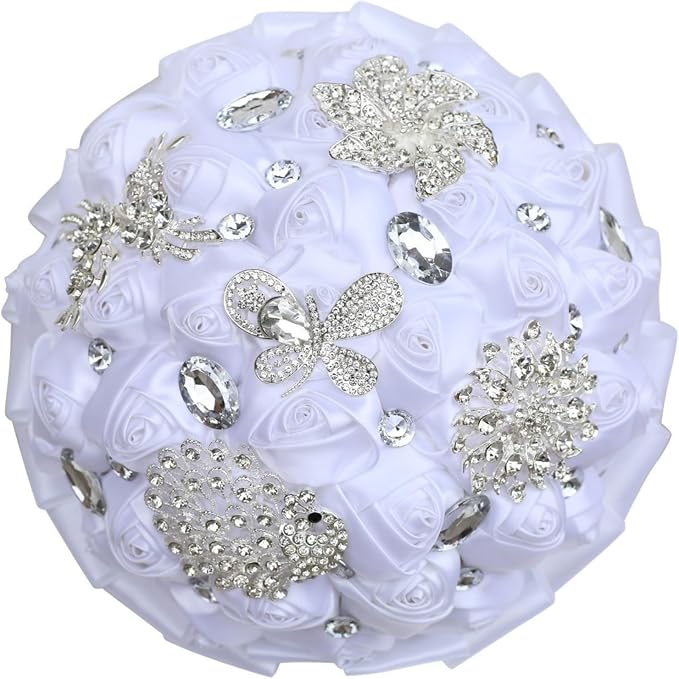 White Bridal Bouquet with Luxury Bling Rhinestone Brooch Wedding Bouquet for Bride Bridesmaid Quinceanera Satin Rose Flower Bouquet Wedding White 9.5in