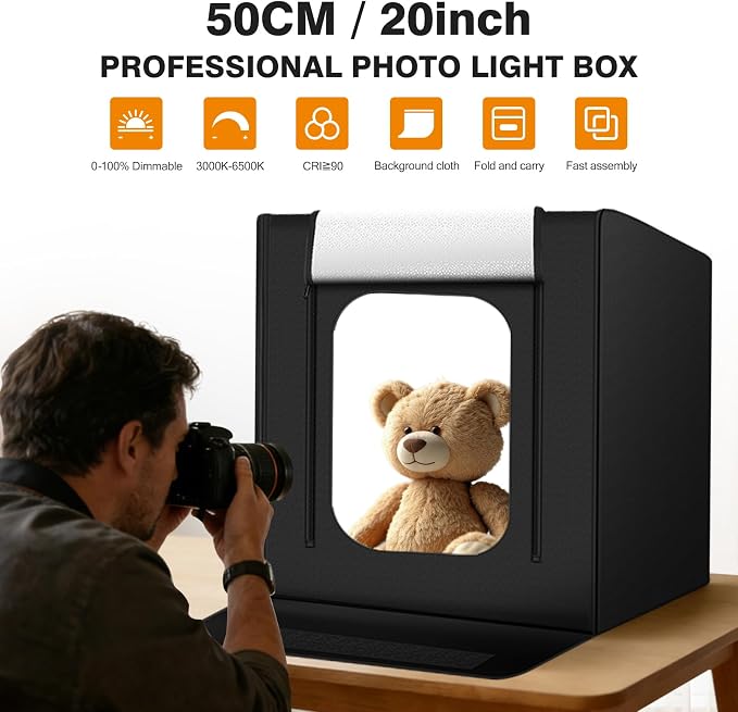 Light Box Photography 20"x20" with 160LED Lights and 4 Color Backdrops Photo Box with Lights, Foldable Light Box with Adjustable Brightness, 3000-6500K Dimmable Portable Picture Box Shooting