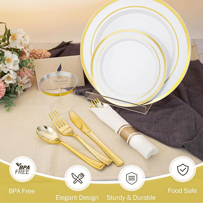 N9R 350PCS Gold Plastic Dinnerware Set for 50 Guests, Include: 50 Dinner Plates, 50 Dessert Plates, 50 Pre Rolled Napkins with Silverware and 50 Cups, White and Gold Disposable Plates for Party