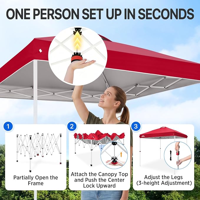 EAGLE PEAK Pop Up Canopy Tent with Wheeled Carry Bag, 8 Stakes, 4 Ropes, Easy Set Up Tent Canopy, 8x8 ft, Red