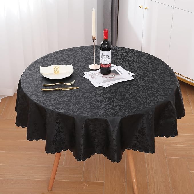 Smiry Round Table Cloth, Waterproof Heavy Duty Vinyl Tablecloths, Wipeable Washable Table Cover for Kitchen and Dining Room (Black, 60" x 60")