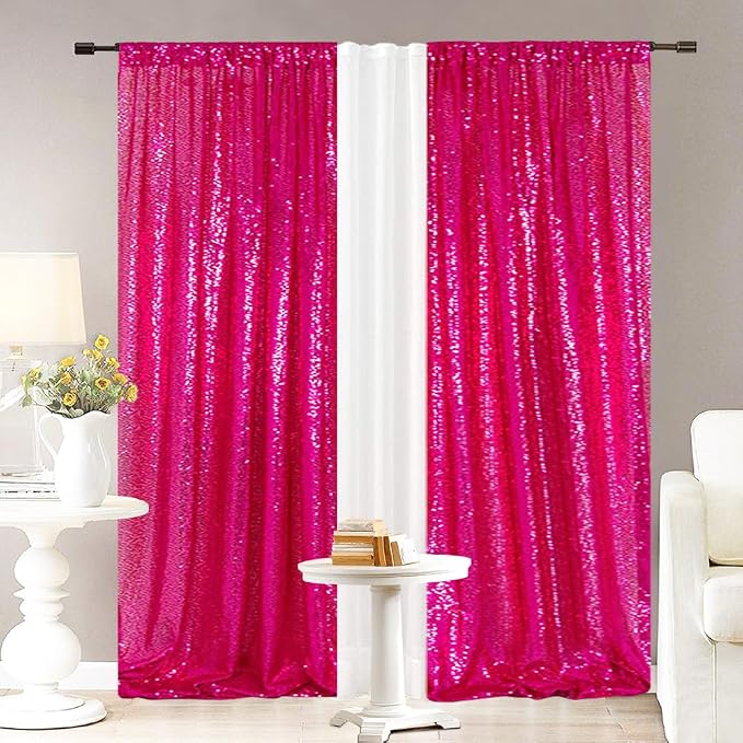 Eternal Beauty Sequin Backdrop Curtains, 2x8 Ft-2 Panels Hot Pink Back Drop for Mother's Day Shimmer Photography Party Wedding Birthday Decor