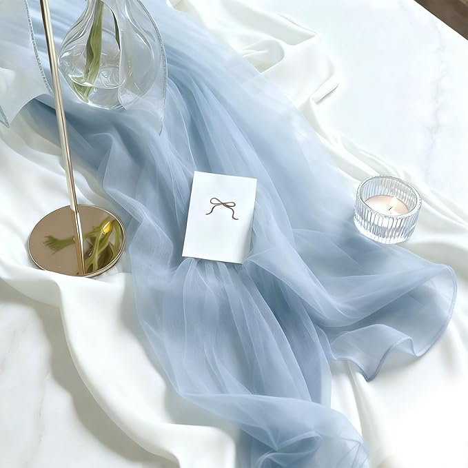 Soft Dusty Blue Shimmery Chiffon Table Runner 35x120 Inches 12 Pack Bulk for Thanksgiving Christmas Bulk Party Table Decor