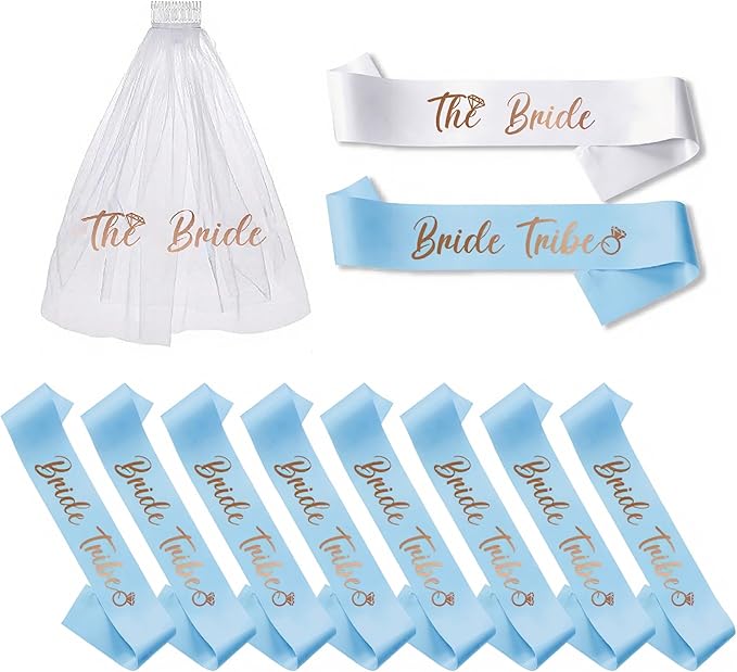 PartyGifts&beyond Bachelorette Party Favors Bride to Be Sash and Veil Set Bachelorette Sashes Bridal Shower Gifts Bride Tribe Sash (Light Blue, 11pcs)