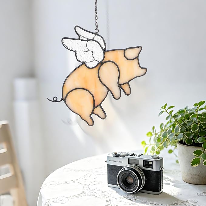 Flying Pig Suncatcher, Stained Glass Window Hanging Decor, Handmade Gift for Pig Lovers Women Mom - Funny Animal Party & Nursery Decoration