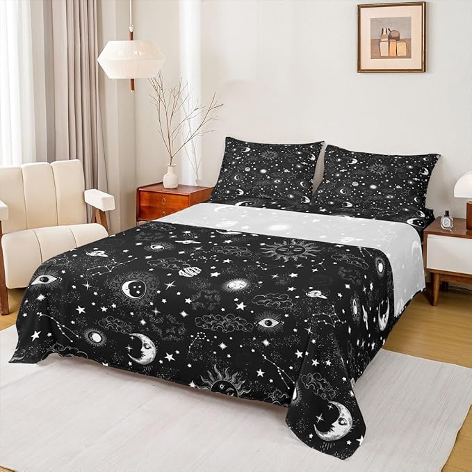 Castle Fairy Sun and Moon Bed Sheet Set Twin Size,Starry Galaxy Boho Hippie Constellation,Bedding Decor Set with 1 Flat & 1 Fitted Sheet with 1 Pillow Sham