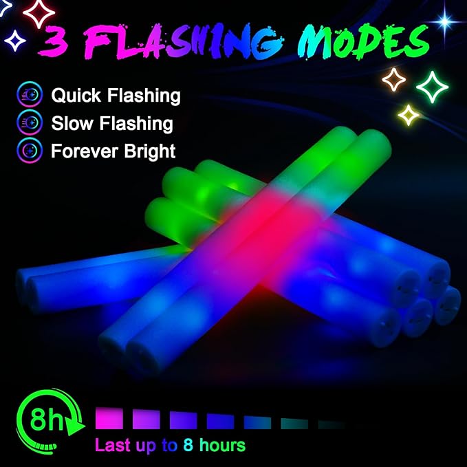 wellent 230 LED Foam Glow Sticks, Bulk Glow Sticks, Foam Light Up Sticks Bulk, LED Foam Sticks with 3 Colorful Flash Mode,Glow Party Supply for Wedding, Birthday, Concert, Carnival, Sporting Events