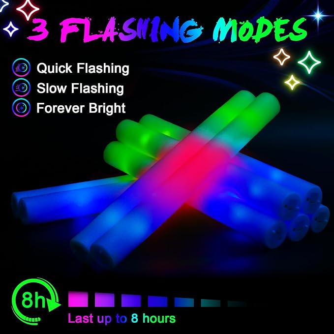 Wellent 155 Foam Glow Sticks Bulk, Foam Light Up Sticks, Bulk Glow Sticks, LED Foam Sticks with 3 Mode Colorful Flashing,Glow in the Dark Party Supplies for Wedding, Birthday, Concert, Raves, New Year