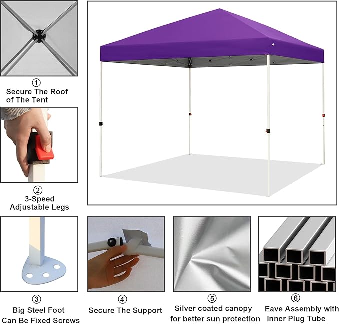 Northroad 10x10ft Pop Up Canopy, Popup Outdoor Canopy Tent with Wheeled Carrying Bag,Portable Gazebo Shelter for Patio,Deck,Garden,Beach（Purple）