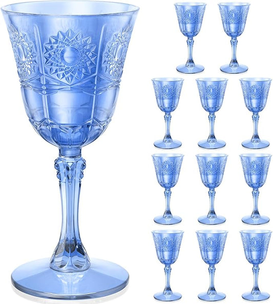 Plastic Wine Glasses, Unbreakable Wine Cups with Stem 6oz Disposable for Wedding Party Holiday, Sunflowers Vintage Plastic Goblets for Champagne, Juice, Cocktail (12 Pcs Blue)