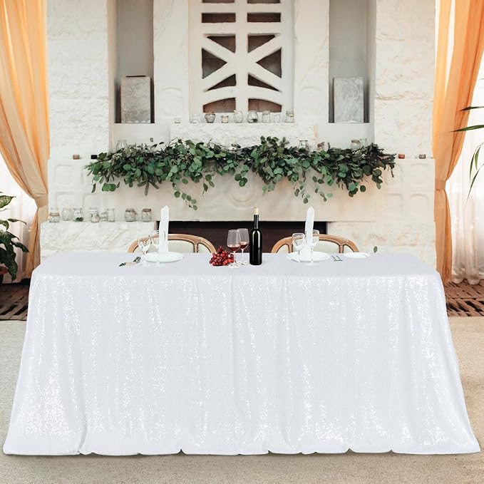 Poise3EHome White Sequin Tablecloth 60×120 Inch Rectangle Sparkly Fabric Table Cloth for Birthday Wedding Party Holiday Baby Shower Christmas Decoration