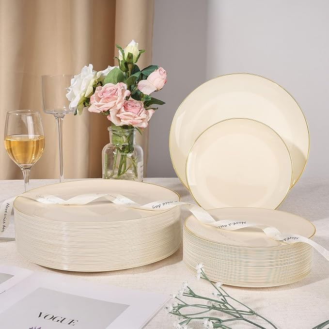 350 PCS lvory Plastic Dinnerware Set, lvory and Gold Rim Disposable Plates for Party, Include 100 lvory Plates with 150 Plastic Cutlery, 50 Napkins and 50 Cups