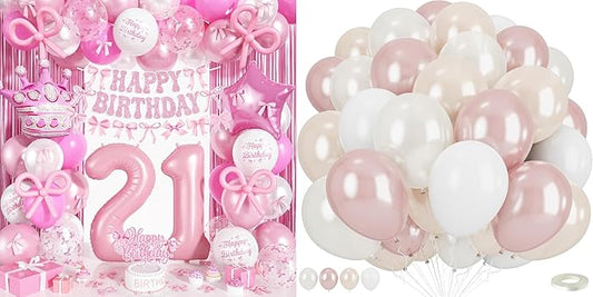 21st Pink Bow Birthday Decorations for Girls with Pearl Pink and White Balloons Set for Women Coquette Party Decor Includes Foil Number Balloons Bows Banner Fringe Curtain Double Stuffed Latex Balloon