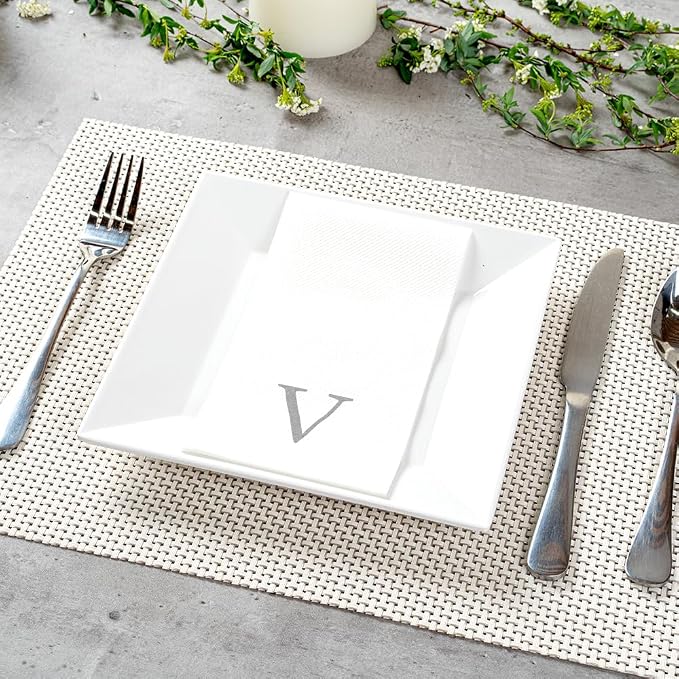 Luxenap 15.8 X 7.9 Inch Linen-Feel Guest Towels, 50 Lettered Hand Towels - Silver Letter 'V', Sans Serif Font, White Paper Dinner Napkins, airlaid, For Restrooms And Tables - Restaurantware