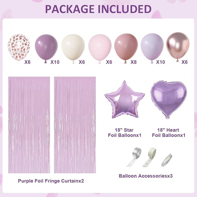 Dusty Purple Birthday Party Decorations, Lavender Pink Sand Confetti Rose Gold Balloons Happy Birthday Banner Fringe Curtains Butterfly Hanging Swirls Circle Dots Tassels Pompoms for Women Girls Party