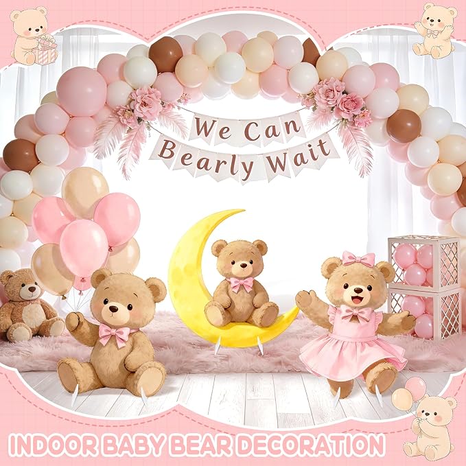3Pcs Pink Bear Baby Shower Decorations, Large Moon Bear Cardboard Cutout Standup with Yard Stakes & Stands for Girls Bear Birthday Indoor Outdoor Photo Booth Props Cartoon Party Supplies