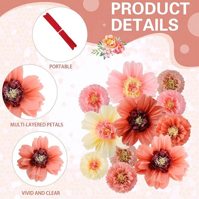 Crowye 24 Pcs Large Colorful Tissue Paper Flowers Decorations Giant Fiesta Craft Crepe Paper Flowers for Wall Decor Backdrop Mexican Wedding Birthday Carnival Party (10'' 20'',Vintage Color)