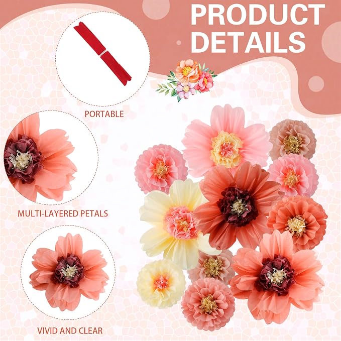Crowye 36 Pcs Large Colorful Tissue Paper Flowers Decorations Giant Fiesta Craft Crepe Paper Flowers for Wall Decor Backdrop Mexican Wedding Birthday Carnival Party (10'' 20'',Vintage Color)