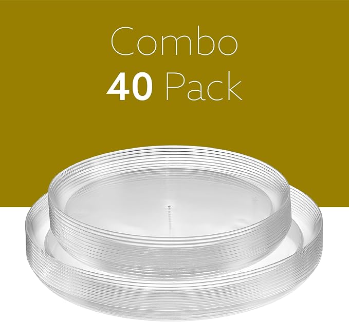 PLASTICPRO White Plastic with Gold Garden Design Party Plates Premium heavyweight Elegant Disposable Tableware Dishes (40, Clear)