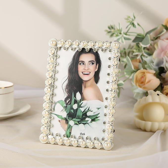 5x7 Picture Frame White Pearl Vintage Wedding Photo Frame with Glass Front | Elegant Art Decor Tabletop or Wall Display for Engagements, Anniversary, Graduation, Birthday Gifts for Women